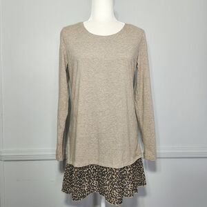 Sharon Young Dressy Fitted Cream Graphite Layered Leopard Swing Long Sleeve Top